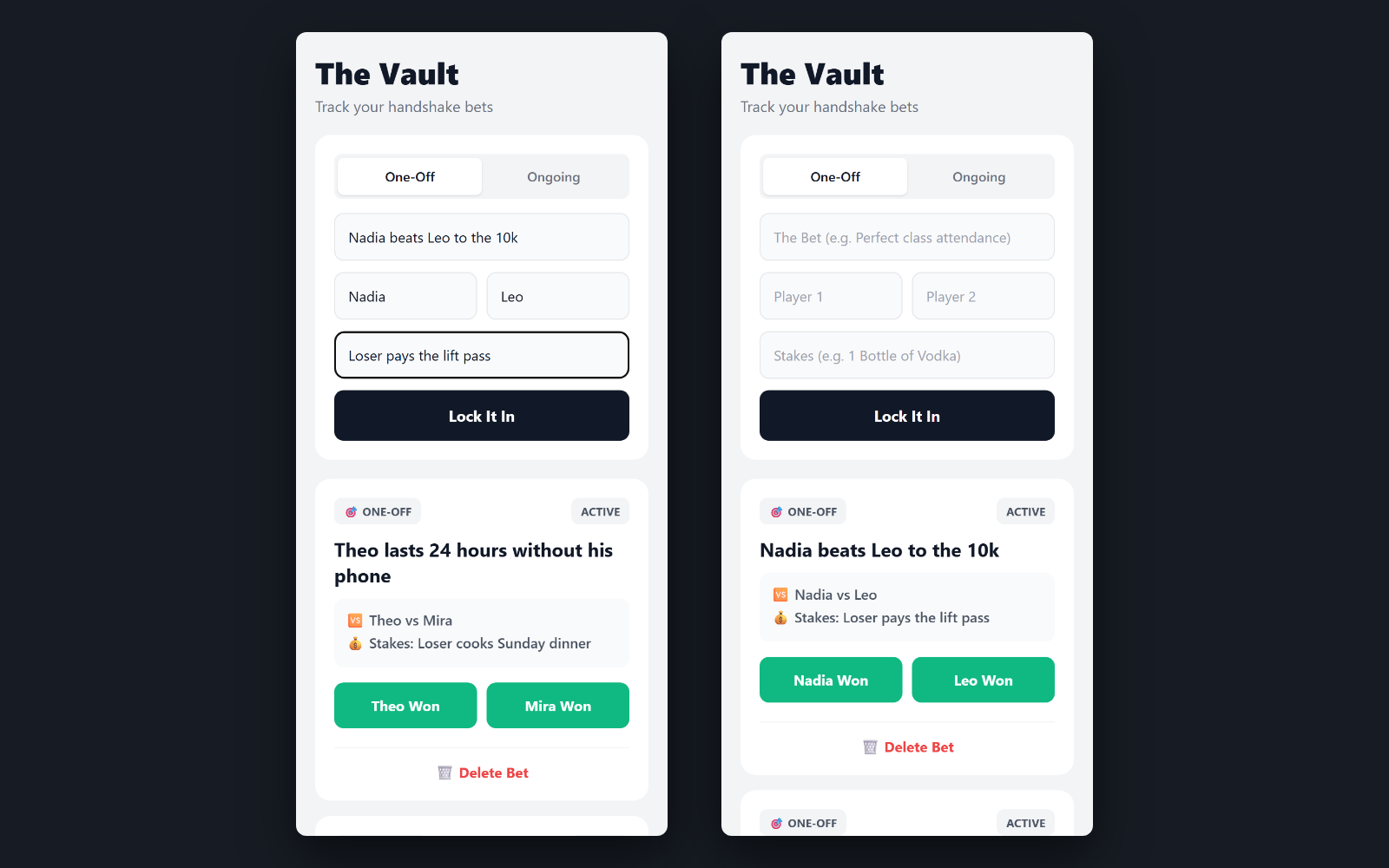 The fourth field, and the write — The stake typed in, and the same button now doing something. The row goes to Postgres and comes back carrying the id it was given, which the app puts at the head of the list rather than refetching — the ledger is ordered by created_at descending, so the newest wager is always the top of the page.