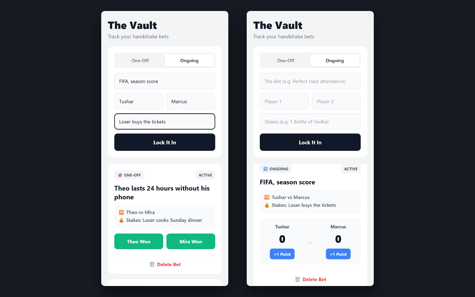 Made as Ongoing — The type switcher decides what the card will be rather than how it looks: picking Ongoing stores type as Ongoing, and the card then renders a tally block instead of a pair of win buttons. It opens at 0–0 from a column default, not from anything the form sends.