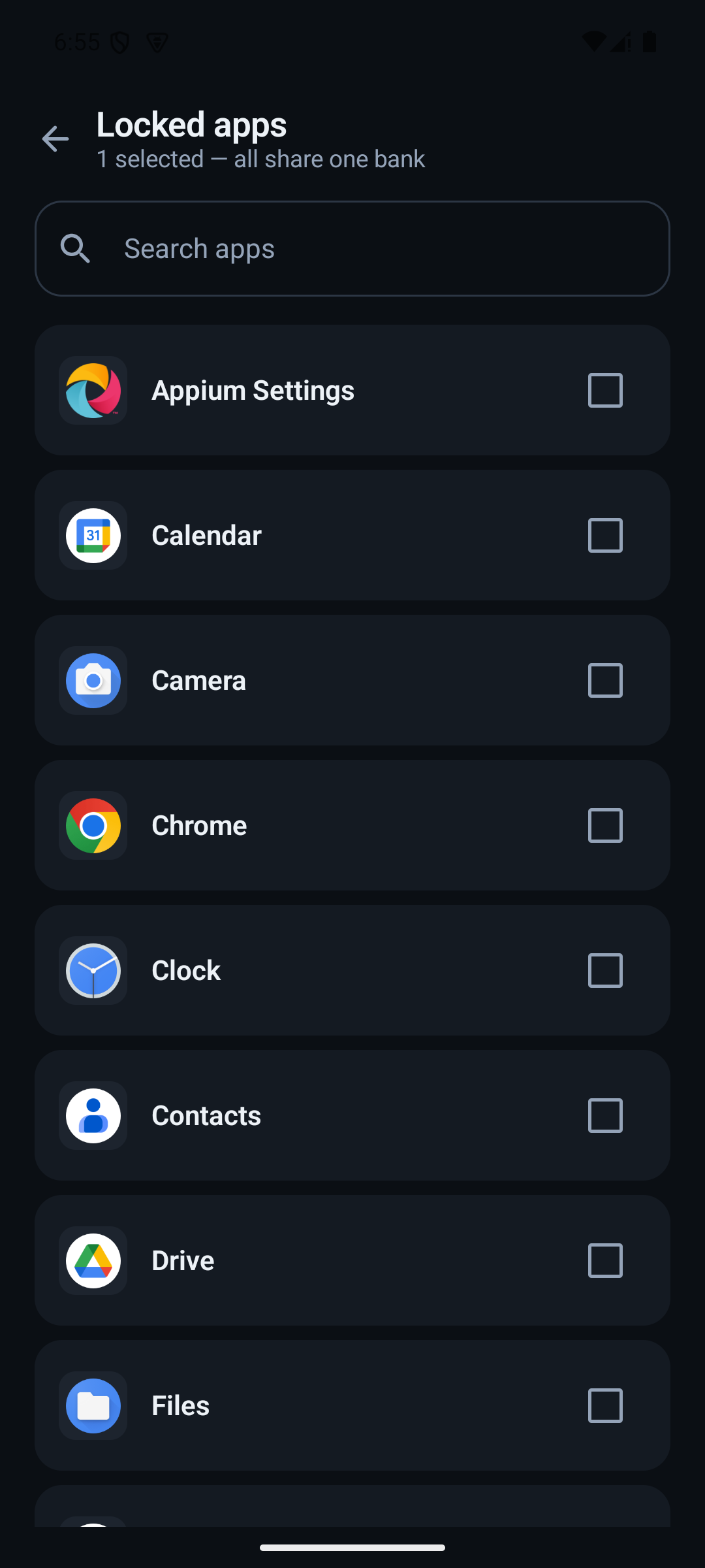 Choosing what to lock — Every installed app, with the locked ones counted at the top. They share one bank rather than each carrying their own — splitting it would just move the scrolling to whichever app still had a balance.