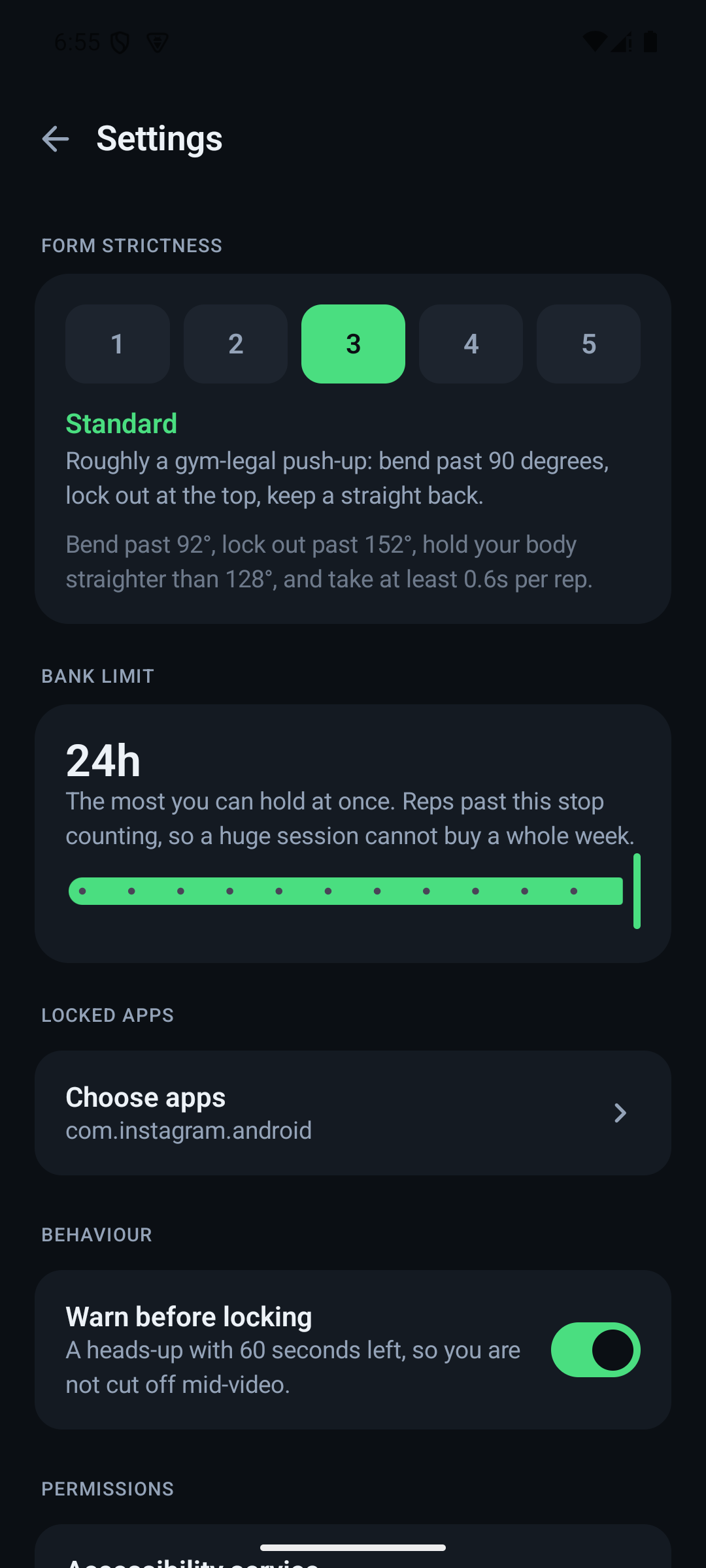 What counts as a rep is a dial, not an opinion — Five settings, each spelled out in degrees rather than left to vibes: Standard wants a bend past 92°, a lock-out past 152°, a body straighter than 128°, and at least 0.6s per rep. Underneath, the 24-hour bank limit — reps past it stop counting, so one huge session cannot buy a whole week.