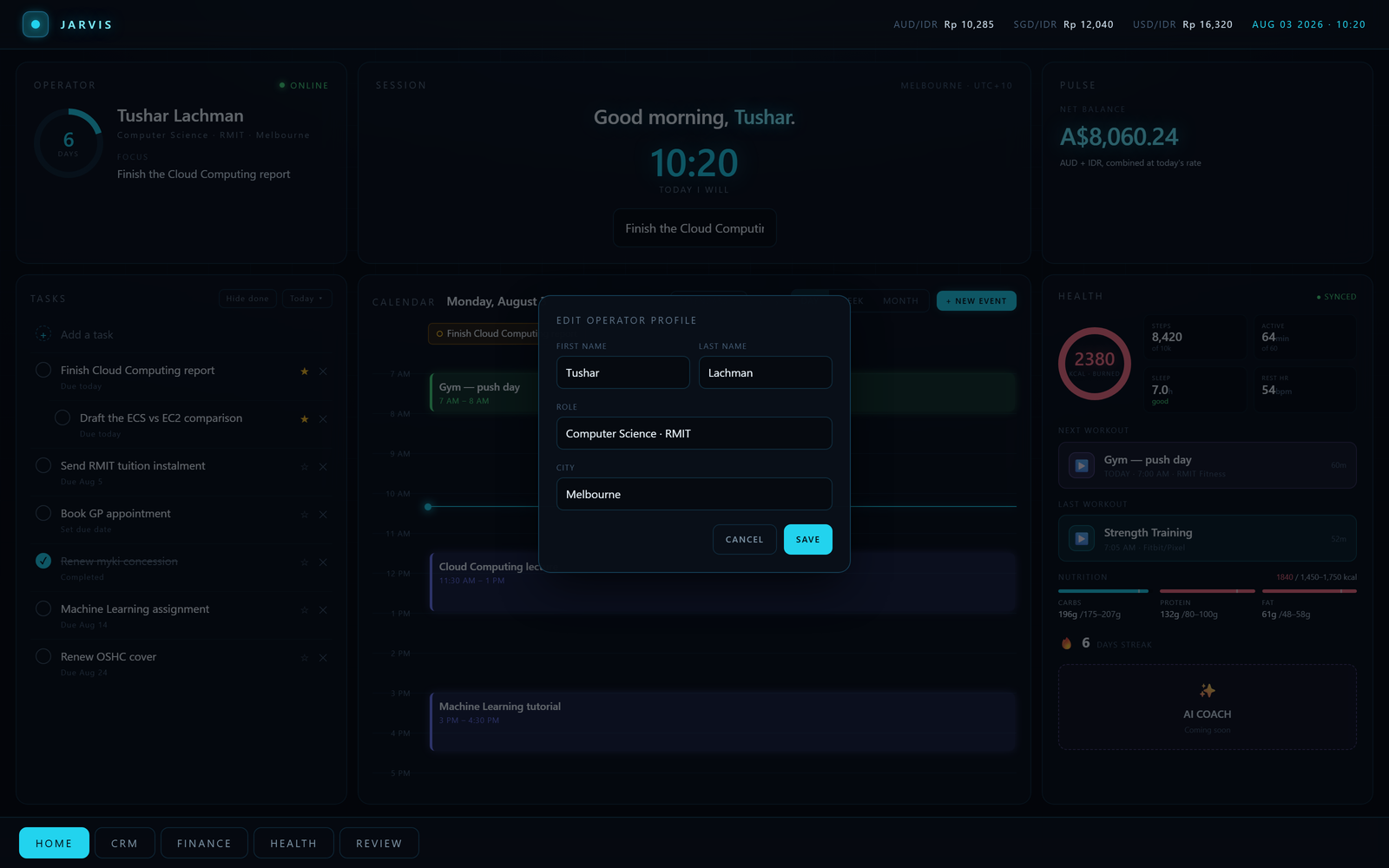 Who it thinks you are — The operator card is editable in place — the name, the course and the city that the greeting and the timezone line are built from.