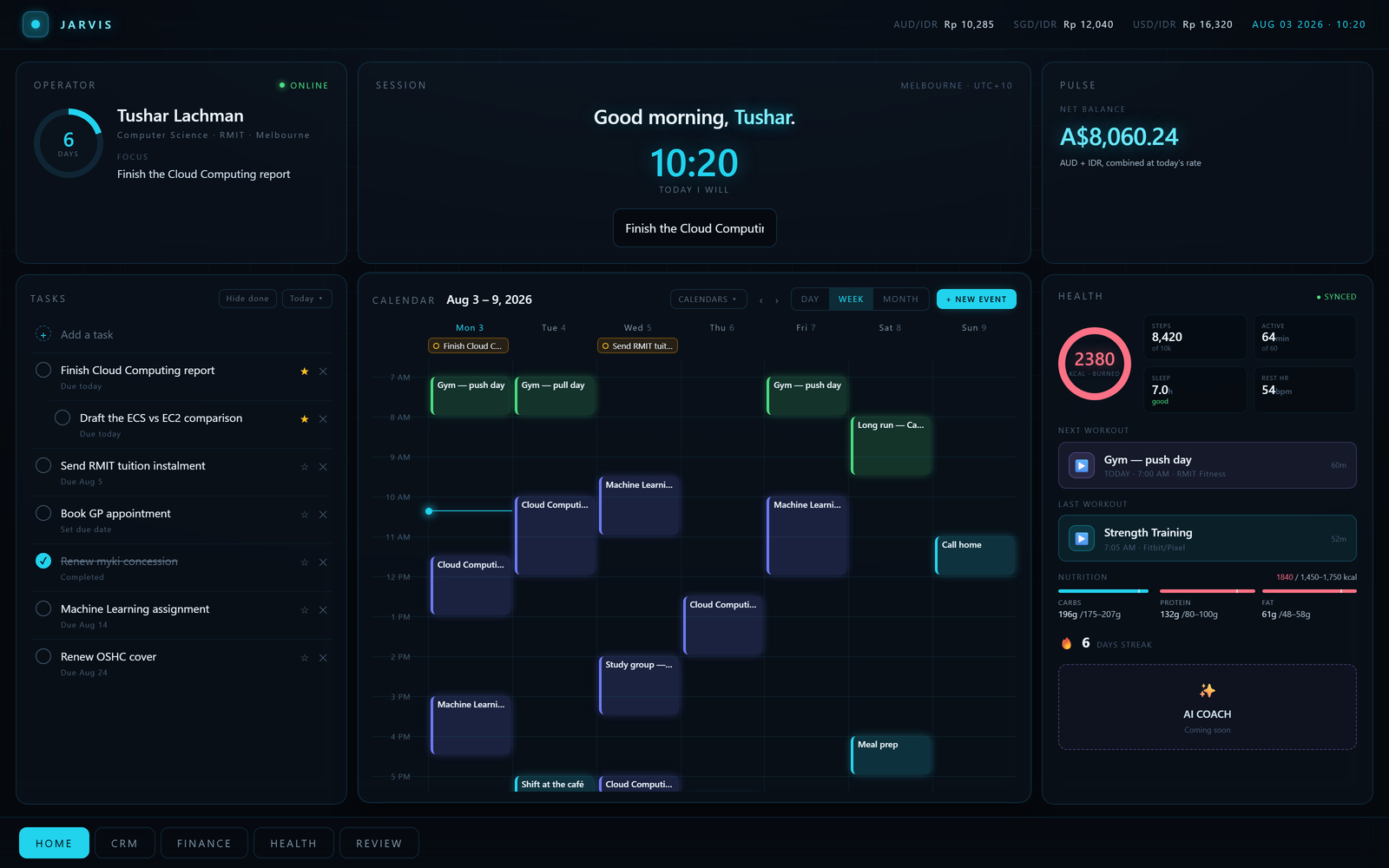 Look ahead a week — The same calendar at seven days, with the current time drawn across today and dated tasks carried up into the all-day row — so a deadline sits next to the hours it has to fit into.