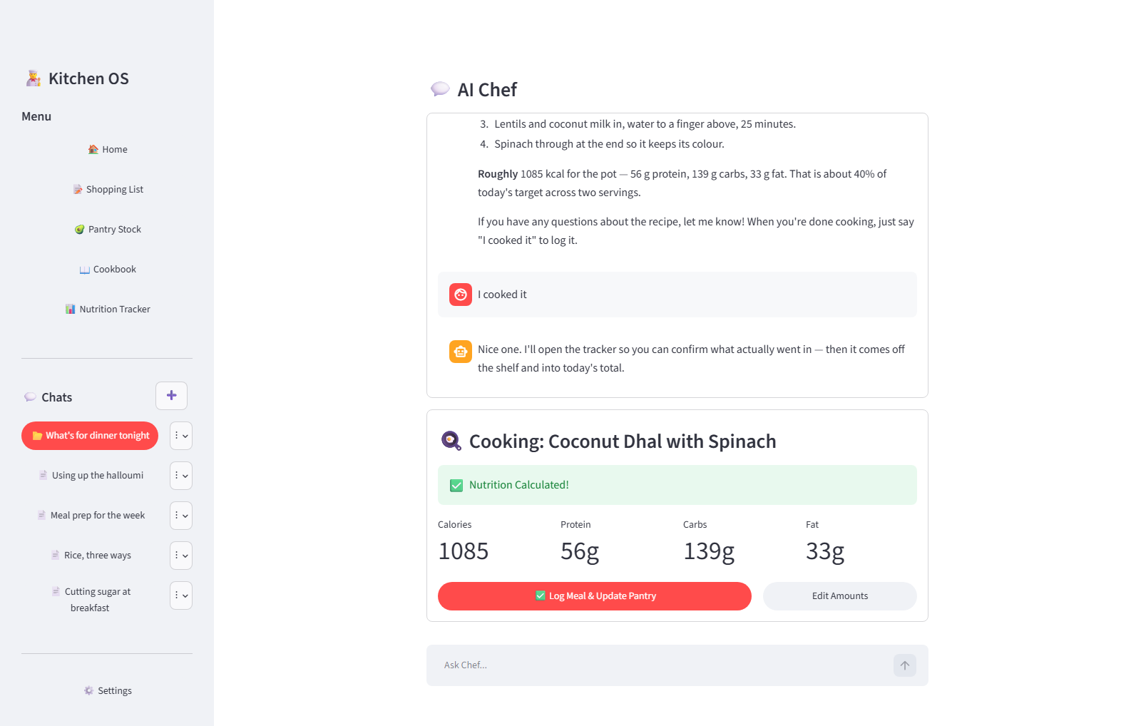 What that came to — Calories and macros calculated from the amounts as edited, not from the recipe as written.