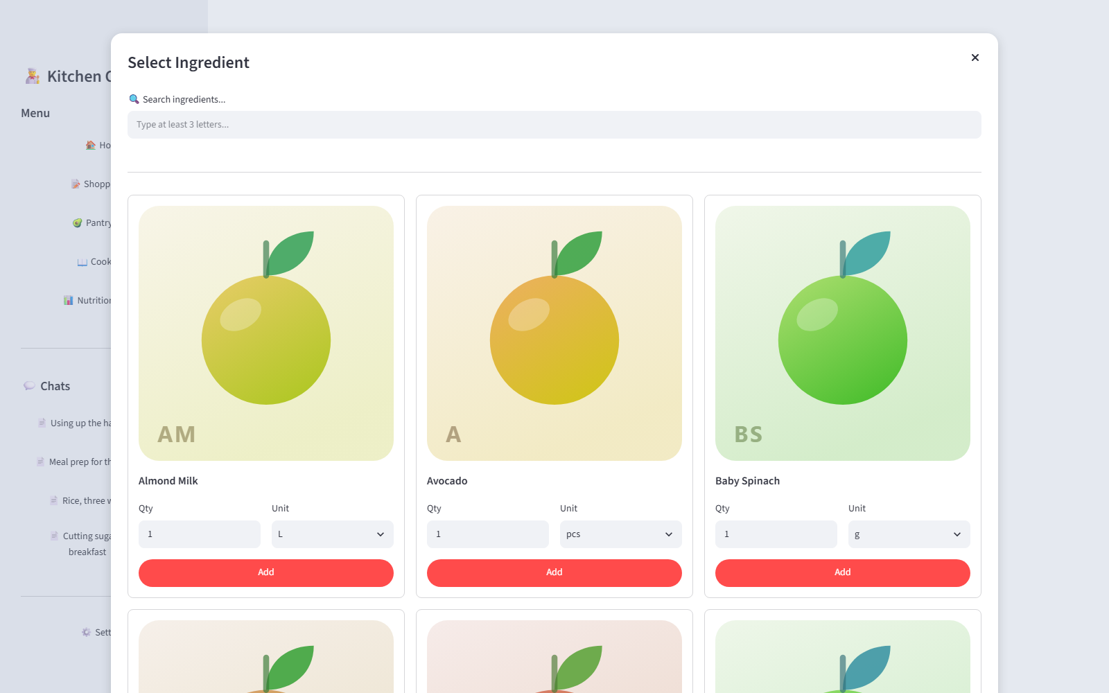 Add something — The ingredient library, three to a row, each with its quantity and unit chosen before it is added. The tiles are drawn stand-ins; the app normally pulls ingredient photographs from an open food database.
