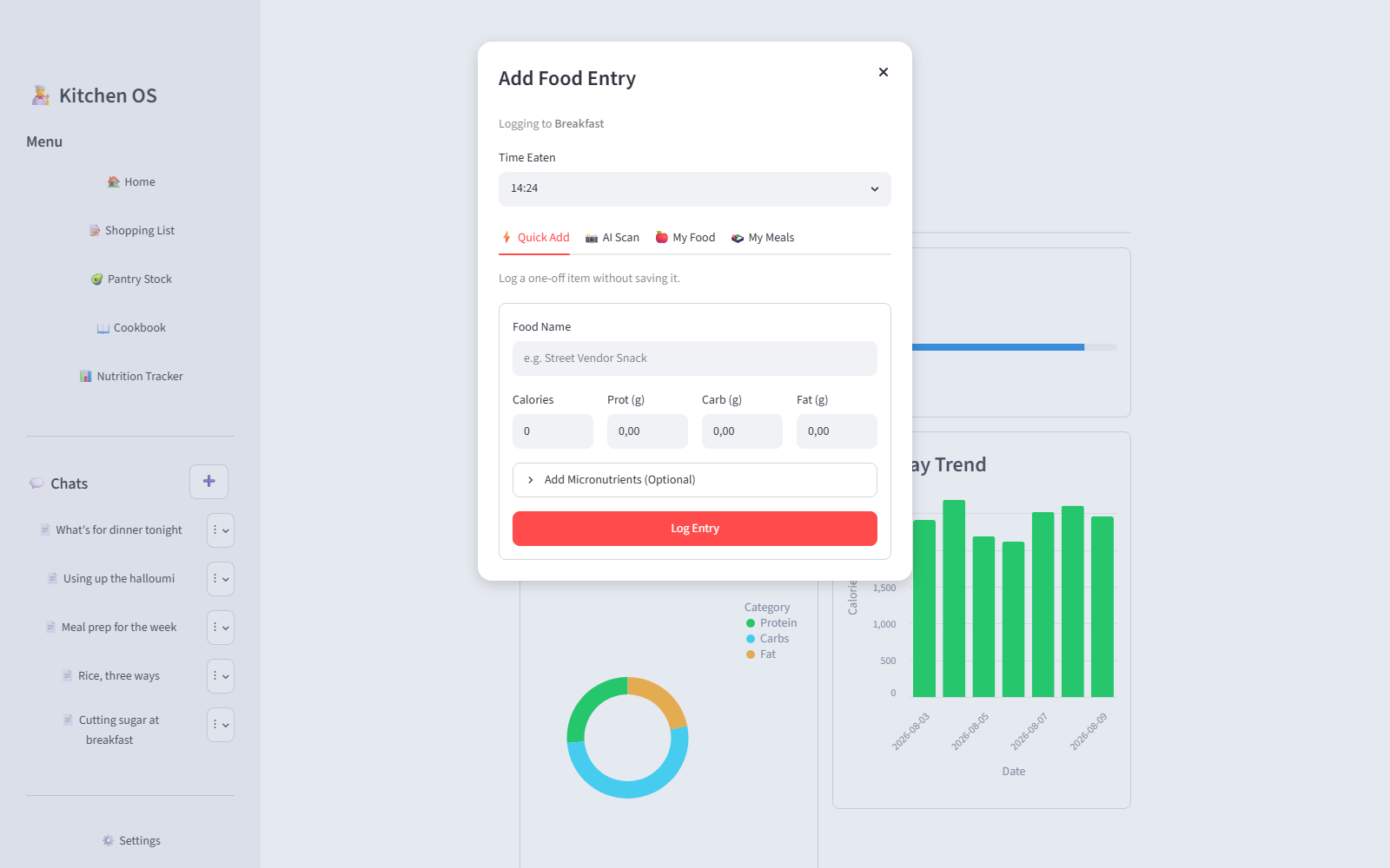 Log a one-off — Four routes behind one button. Quick Add is for the thing eaten once and never again — logged without being saved as a food. Micronutrients sit behind an expander so the common case stays four fields.