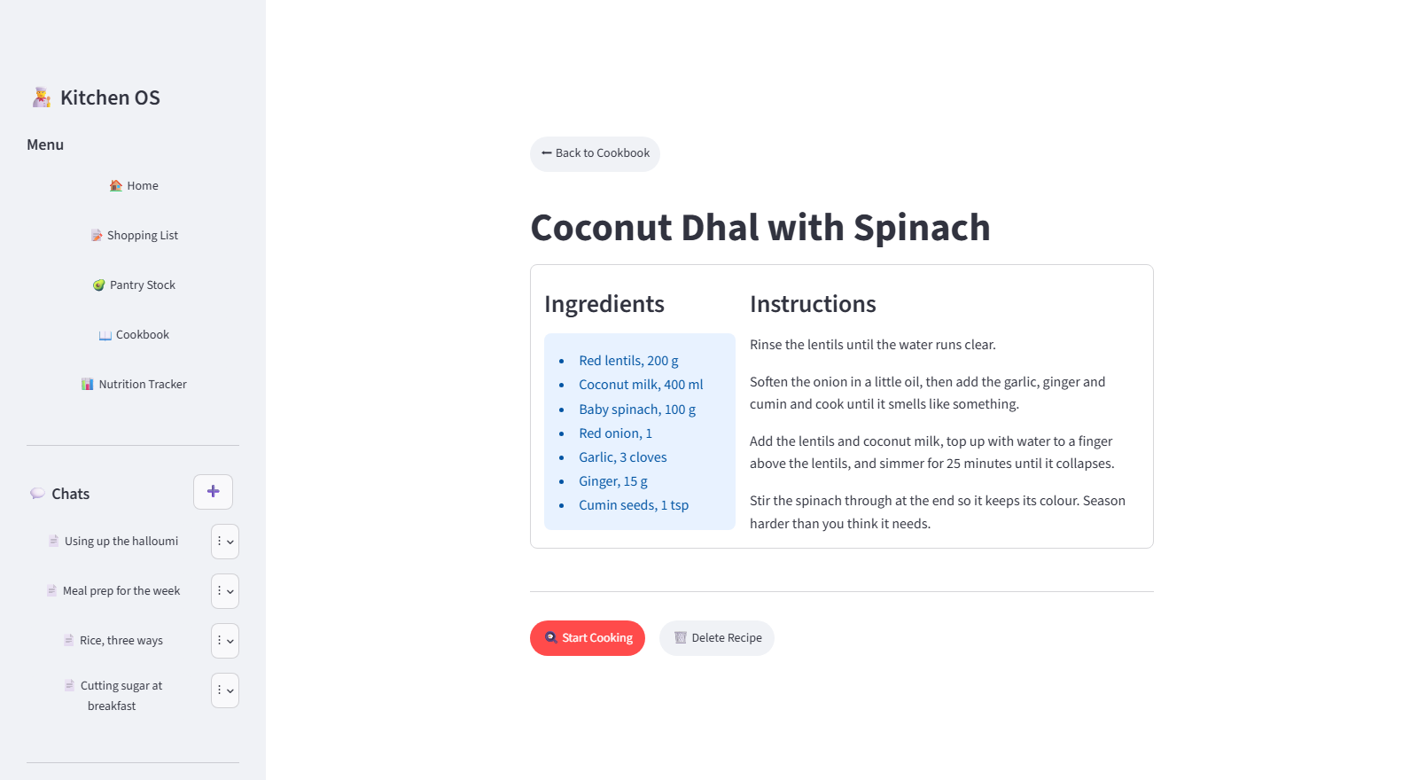 The recipe as saved — Ingredients and method side by side. Start Cooking hands it to the assistant rather than to a timer.