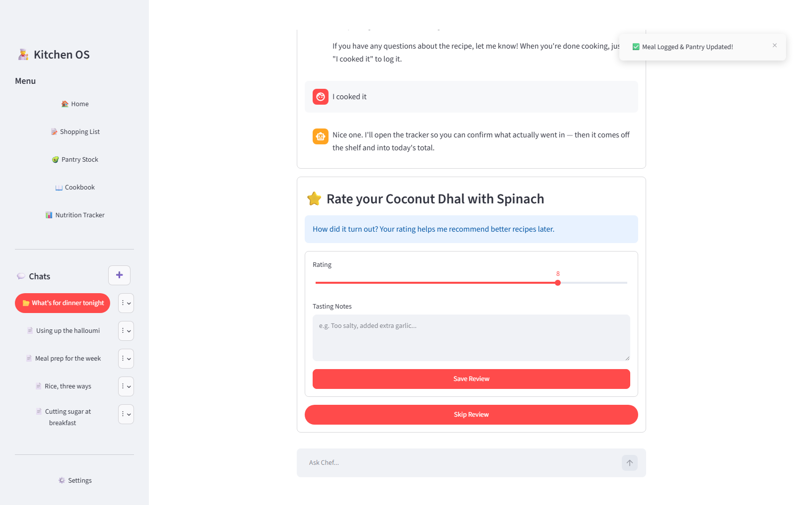 Logged, and the pantry updated — One button writes the meal into today’s total and deducts every ingredient from the shelf — the toast top right is that write landing. The rating that follows builds a taste profile the assistant reads back on later suggestions.