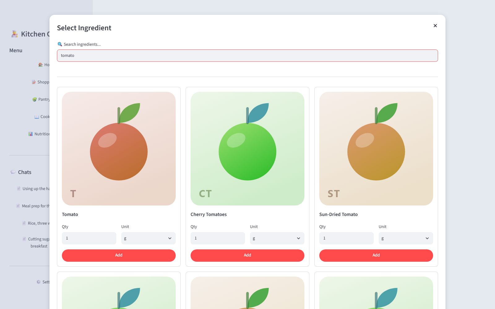 Or search the world’s — Three letters and it queries a global food database for anything the local library has never heard of, and offers the result with the same quantity and unit controls as everything else.
