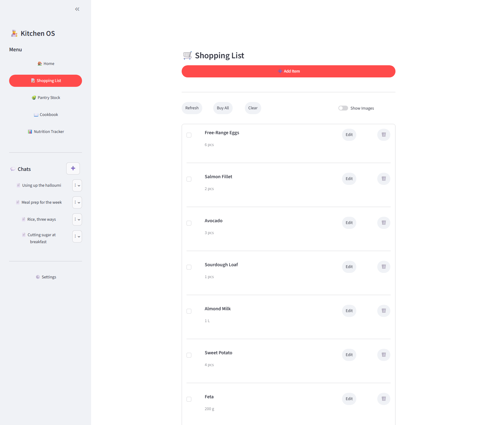 What needs buying — Quantity and unit per line, editable, with an optional thumbnail per row. Nothing here is a free-text note — every line is a real ingredient the rest of the app can do arithmetic with.