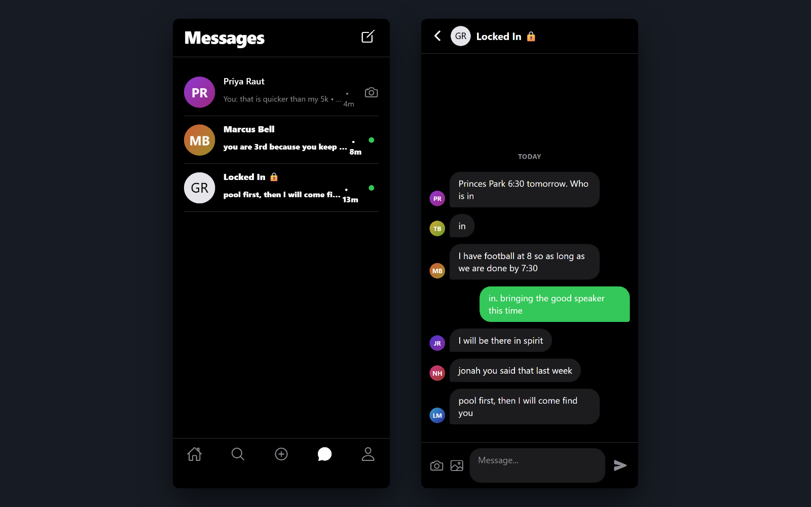 The group chat — Direct messages and a squad room in the same inbox, with unread state per participant. Sessions can be shared straight into a thread, so a post and the argument about it stay in one place.