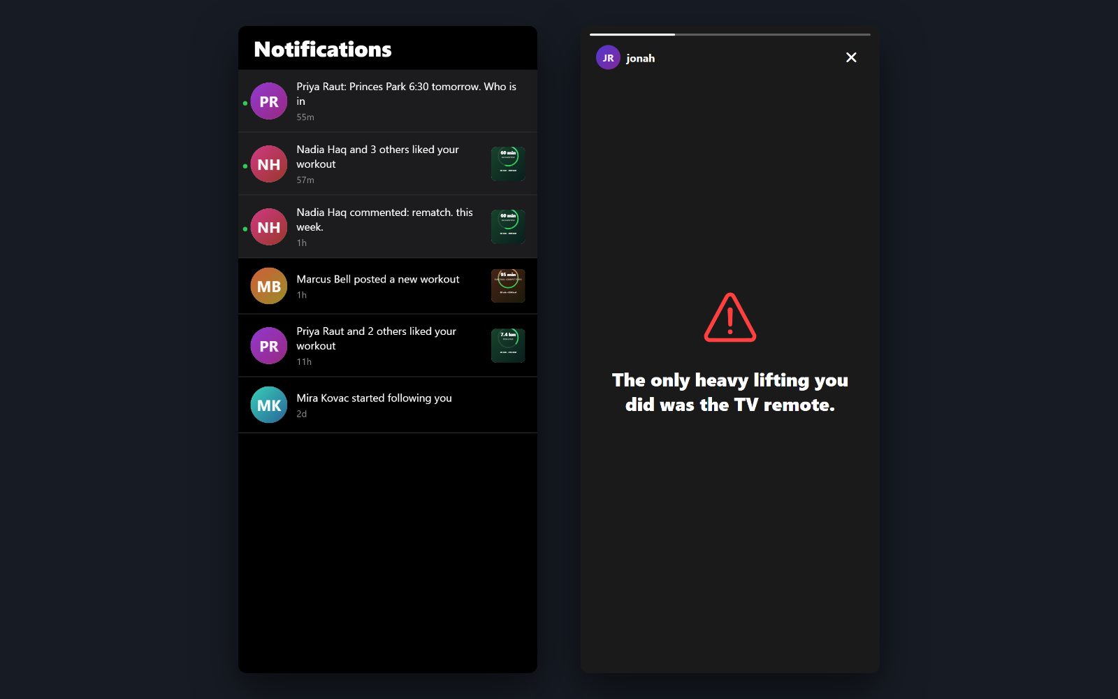 The nudge, and the roast — Notifications are aggregated — “and 3 others liked your workout” is one row, not four — and sent by a Postgres trigger rather than the app, so they arrive whether or not anyone has it open. On the right: what the squad sees when you post nothing all week.