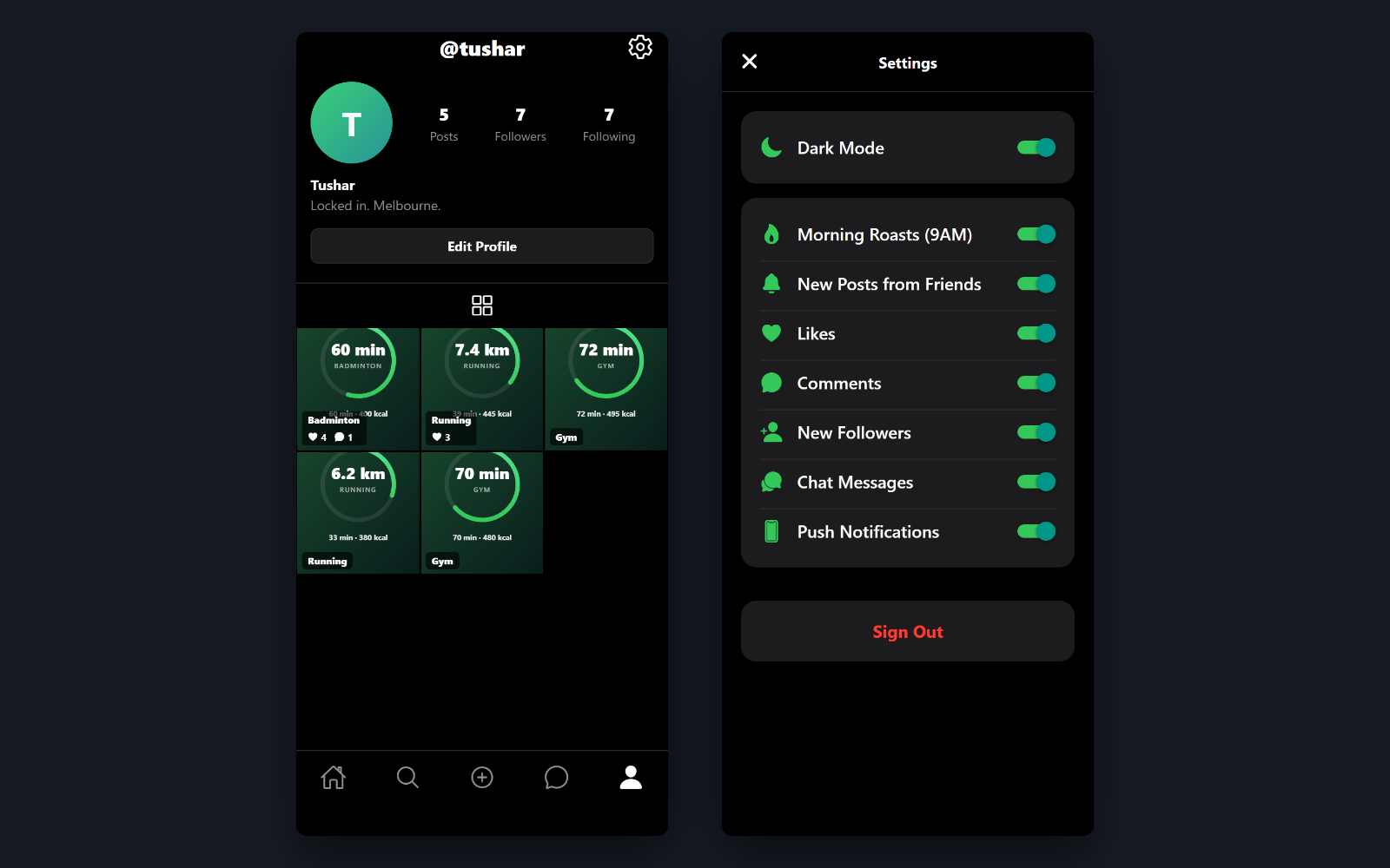 Your own page, and what it may nag you about — Every session you have posted as a grid. Settings is the honest part: dark mode, and a switch for each notification the database is allowed to send you — including the 9am roast.