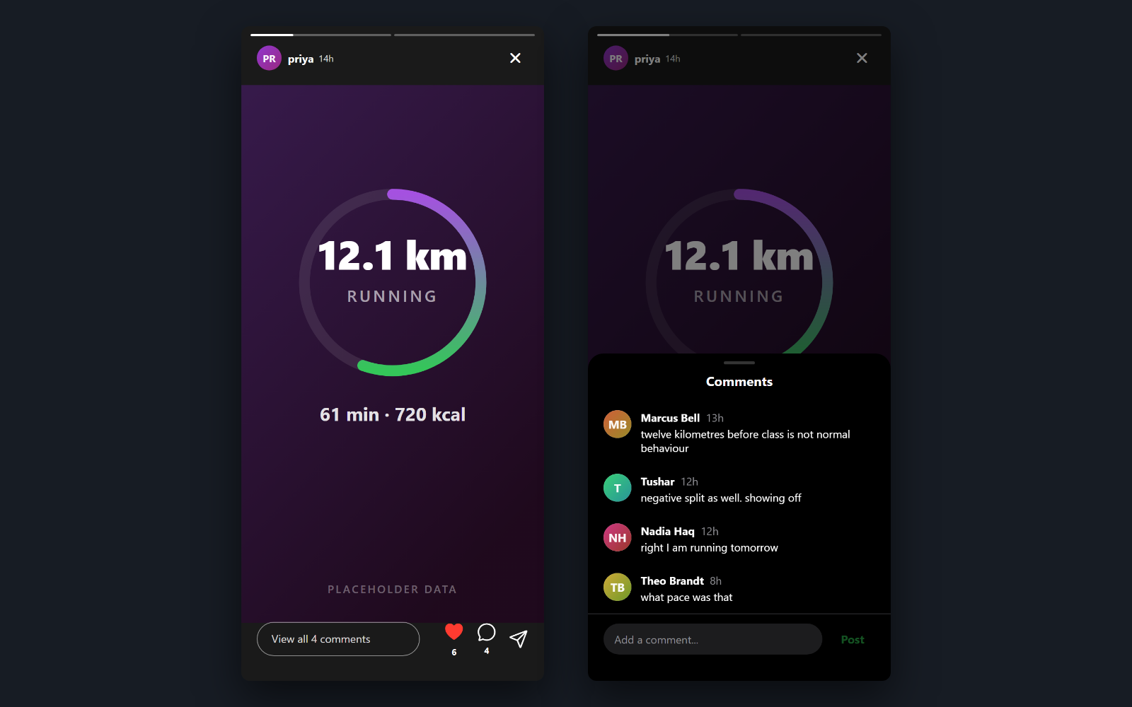 Someone else’s session — Tap a ring and the session plays with a progress bar per story, the activity and its numbers on the card. The comment thread opens underneath without leaving the story.