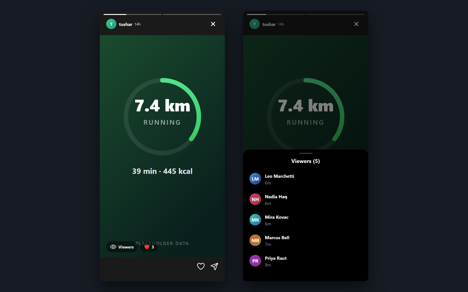 And your own — Your own story gets a viewer count instead of a comment box. Tap it and you get the list, most recent first — the read receipt that makes skipping a week uncomfortable.