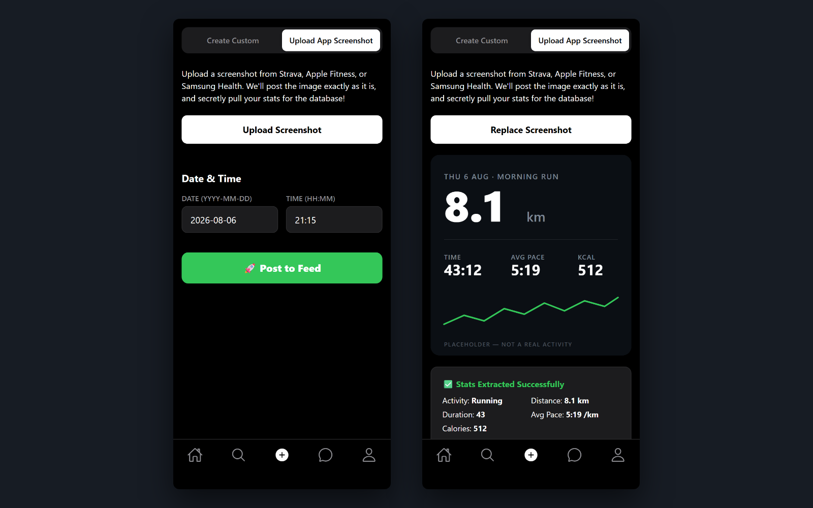 Screenshot your watch — Upload the summary screen from Strava, Apple Fitness or Samsung Health. Gemini reads the image and returns activity, distance, duration, pace and calories as structured fields — the image posts as it is, and the stats land in the database behind it.