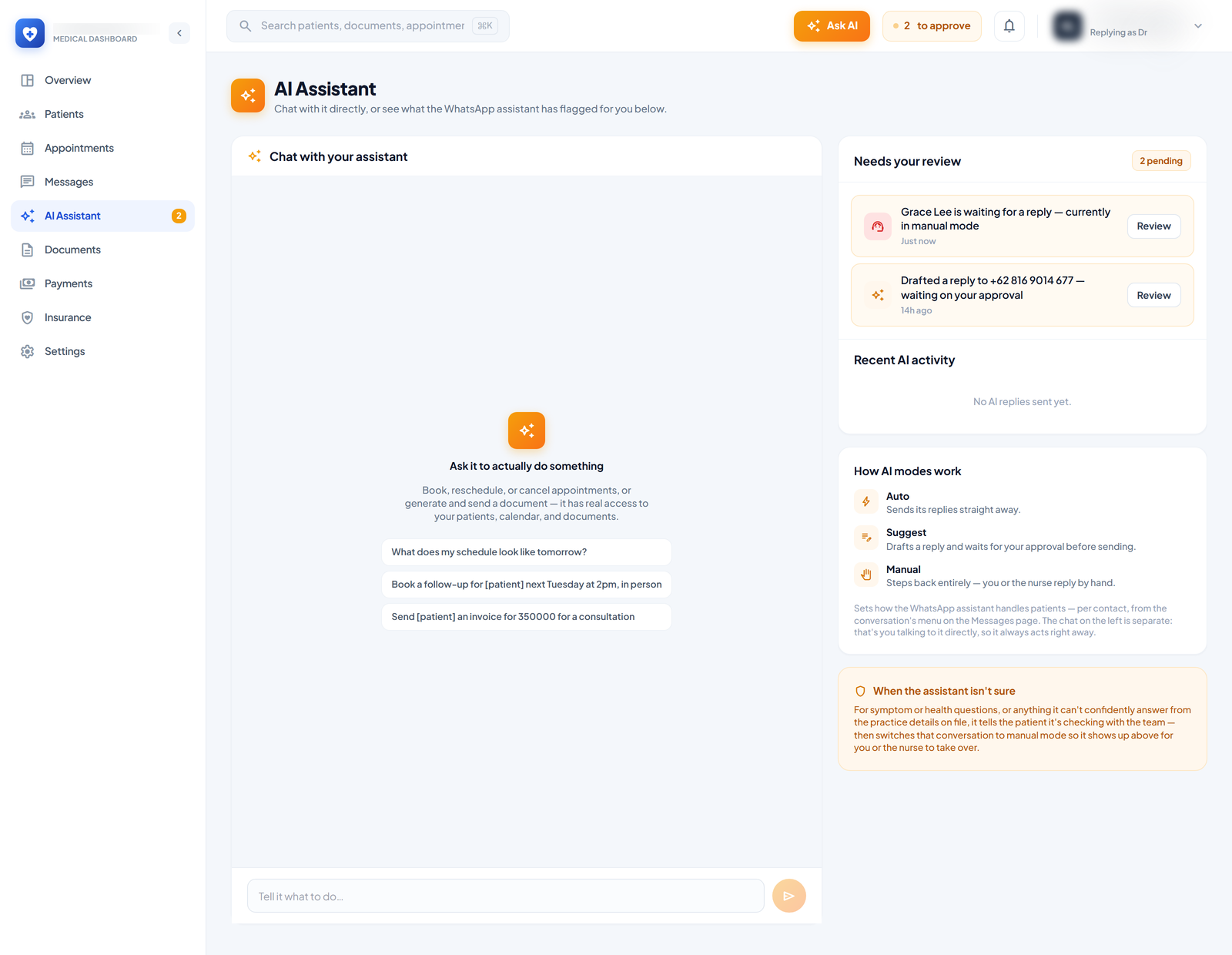 Suggest — drafts held for approval — Auto replies straight away, Suggest writes and waits, Manual steps back entirely. Anything clinical the assistant cannot answer from the practice’s own details gets handed to a person and surfaces here.