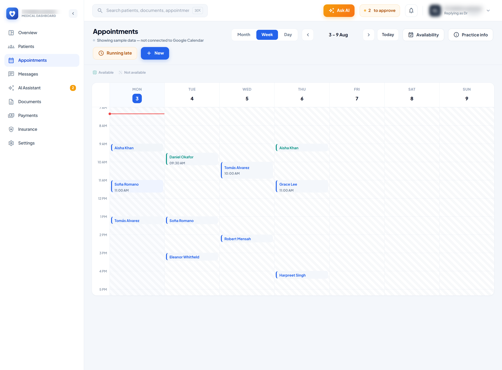 Look at the week — Available hours shaded, the current time drawn across today, video consults flagged. Bookings made here sync to the doctor’s own Google Calendar.