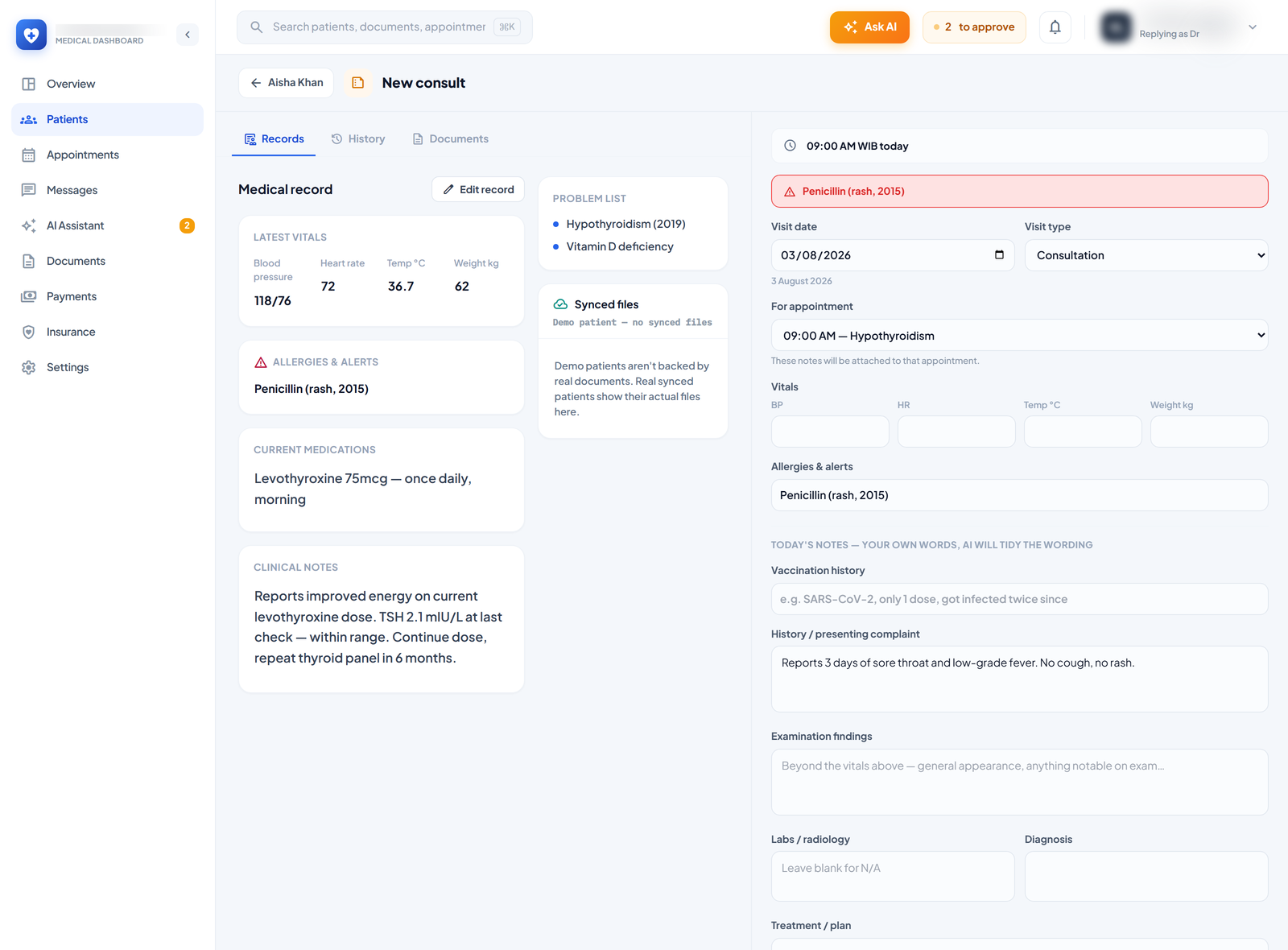 Write the consult up — The record stays open on the left while the note is written on the right, and the allergy alert follows you down the page. The note attaches to the appointment it belongs to.