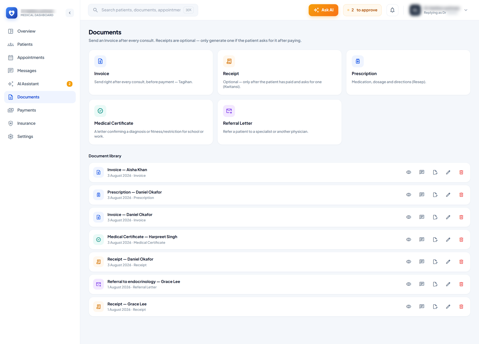 Pick the type — Invoice, receipt, prescription, medical certificate or referral letter — each with a note on when it is the right one to send. Everything already issued sits in the library underneath, newest first.