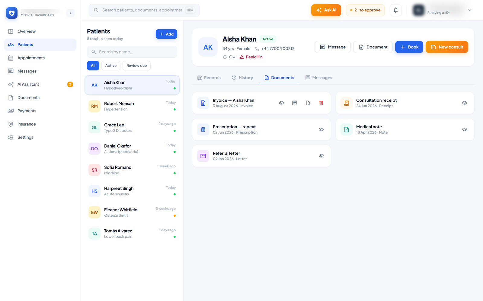 Open their documents — Everything issued for this patient, plus any files synced from the practice’s Drive. Demo patients have none, and the app says so rather than pretending otherwise.