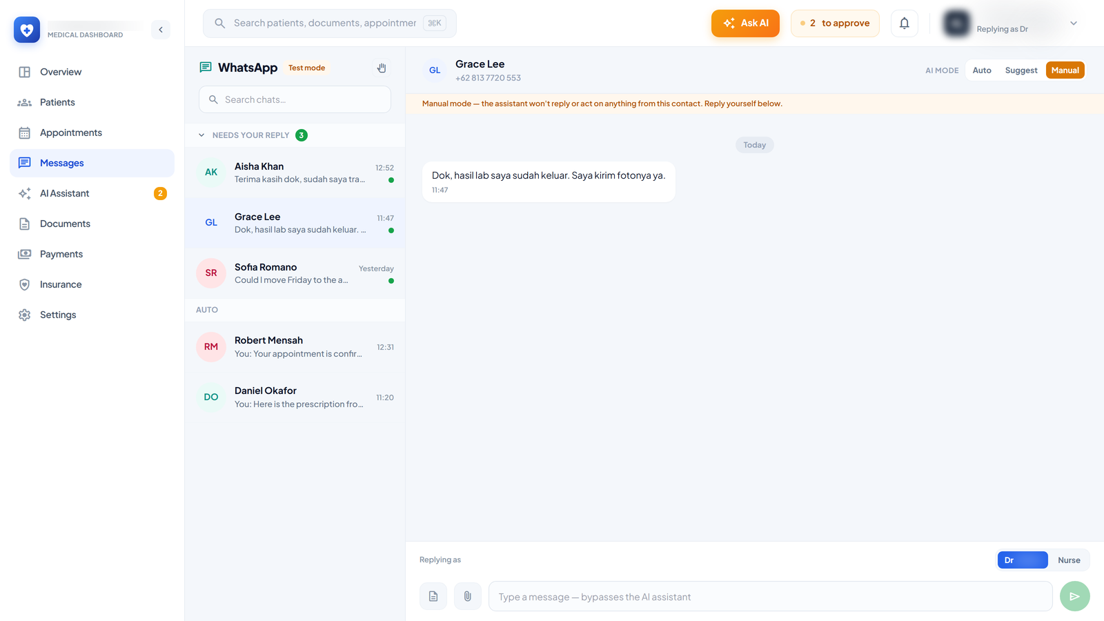 Manual — the assistant stands down — A contact switched to Manual gets no automated replies at all. The banner says so outright, because a doctor needs to know whether a patient is being answered without her.