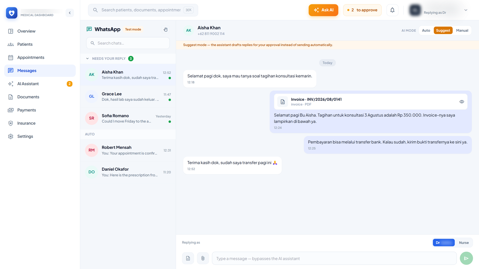 The inbox, triaged — Conversations needing a human are grouped above the ones the assistant is handling alone, so the list reads as a work queue rather than a wall of chats.