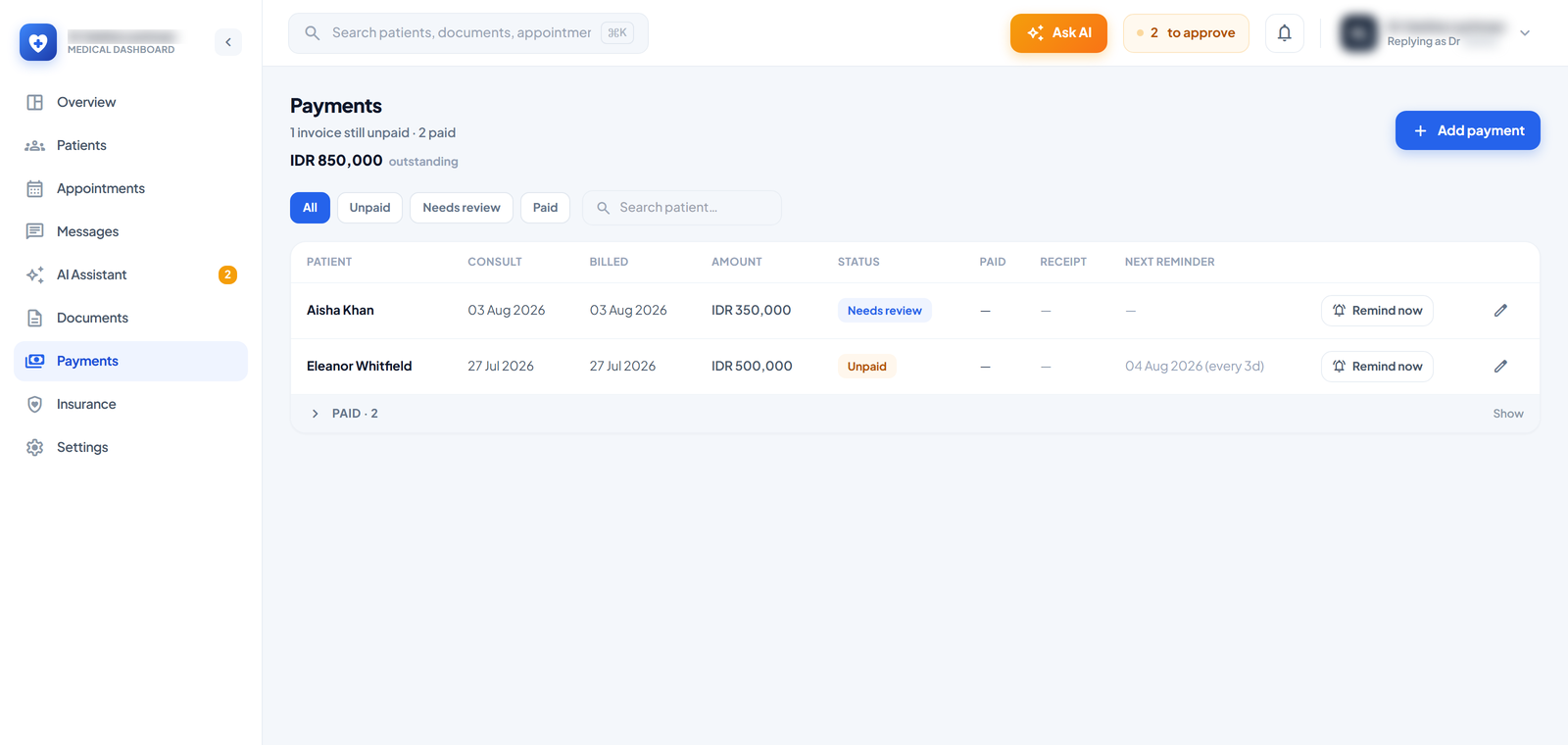 Every invoice and where it stands — What was billed, what is outstanding, when the next reminder goes out. A transfer receipt sent over WhatsApp moves a bill to “needs review” rather than marking it paid — a photo of a transfer is a claim, not a confirmation.
