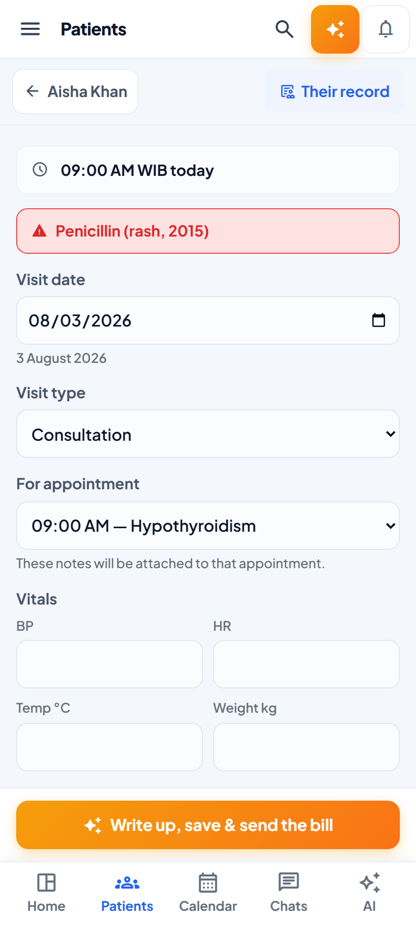 The consultation form gets the whole screen — The most typing the app asks for, on the device where typing is worst — so every free-text field has a microphone beside it, and the transcript appends rather than replaces.