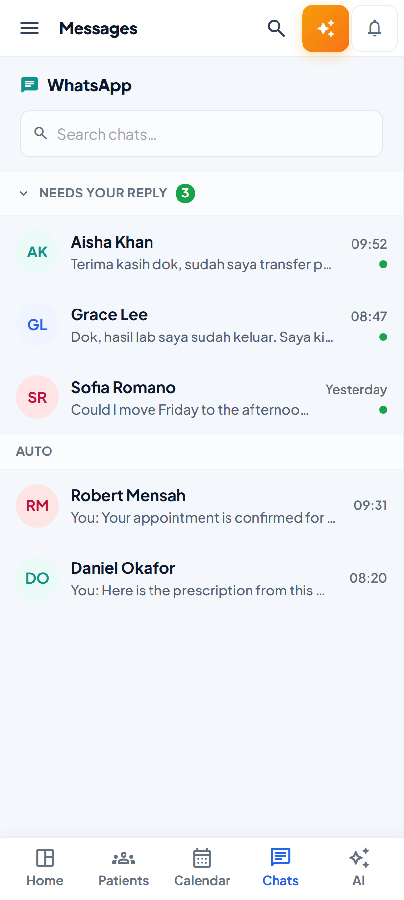 WhatsApp, triaged — Phones land on the conversation list first and open a thread only on an explicit tap — the same as every other messaging app, and not what the desktop layout does.