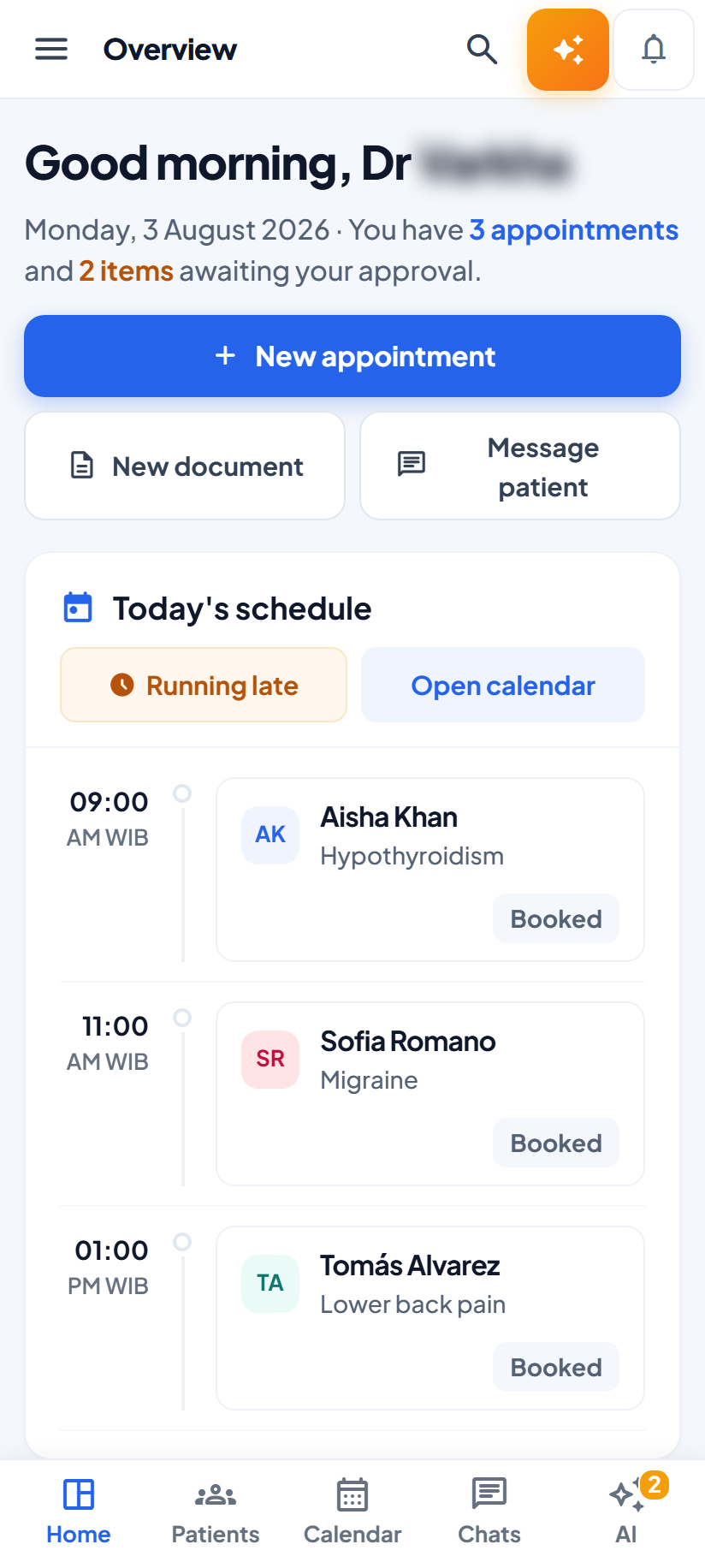 The day, in a thumb — The same overview, re-laid rather than shrunk. Every tab in the bottom bar carries a word as well as an icon, because on a phone there is no hover to reveal what an icon means.