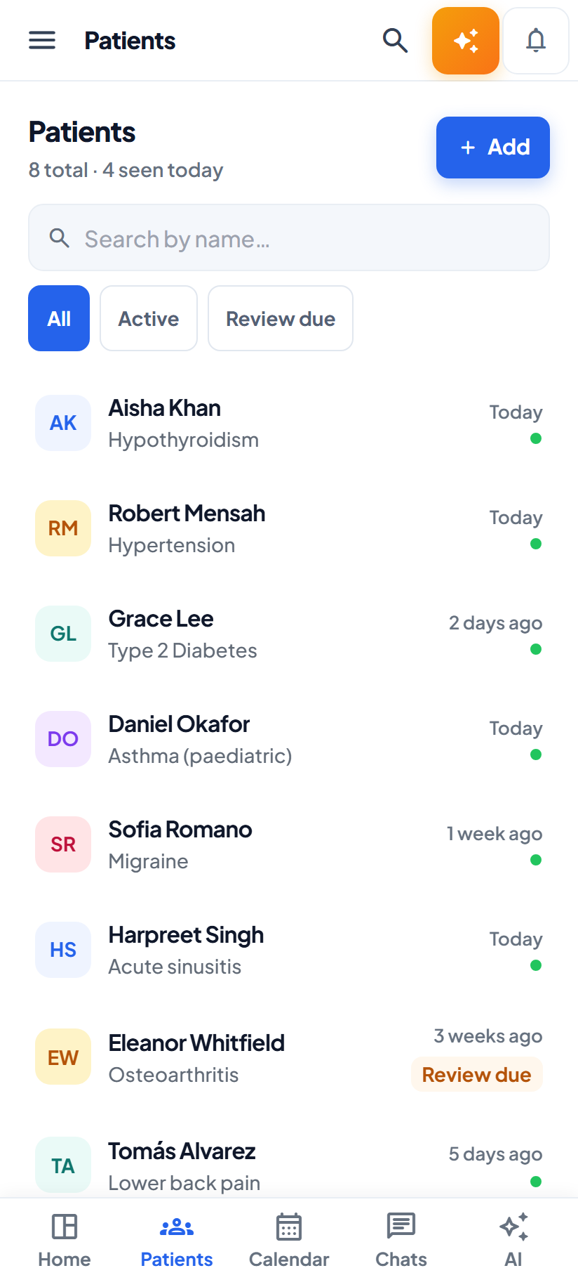 A table that stopped being a table — The patient list as cards. The desktop table would have needed dragging sideways to read, which is how a name ends up half-visible under a badge on a 360px screen.