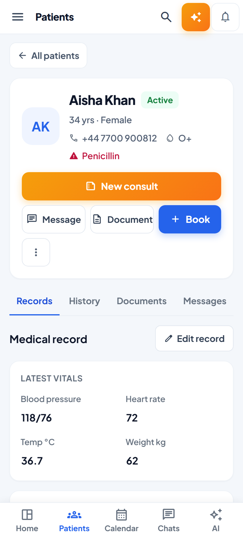 The record, one panel at a time — Below the split breakpoint the list and the record stop competing for width and show one at a time, with the reason she opened the patient at the top.
