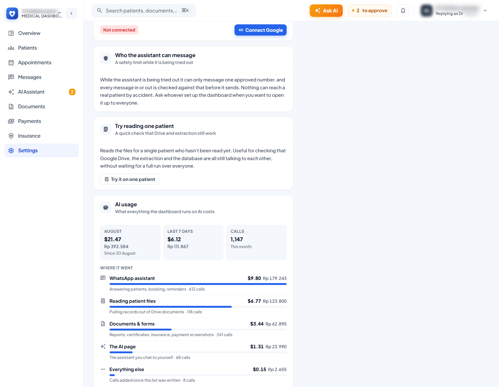 Technical — what the AI costs, and what broke — Behind a group that starts closed, because it is for whoever set the dashboard up rather than for her. The usage card counts all eight Claude call sites rather than the one she talks to, dollars leading and rupiah underneath because only one of the two is a fact — and the WhatsApp assistant alone is nearly half the bill. Underneath it, the errors the background sweeps wrote, now clearable in one press instead of twenty at a time.