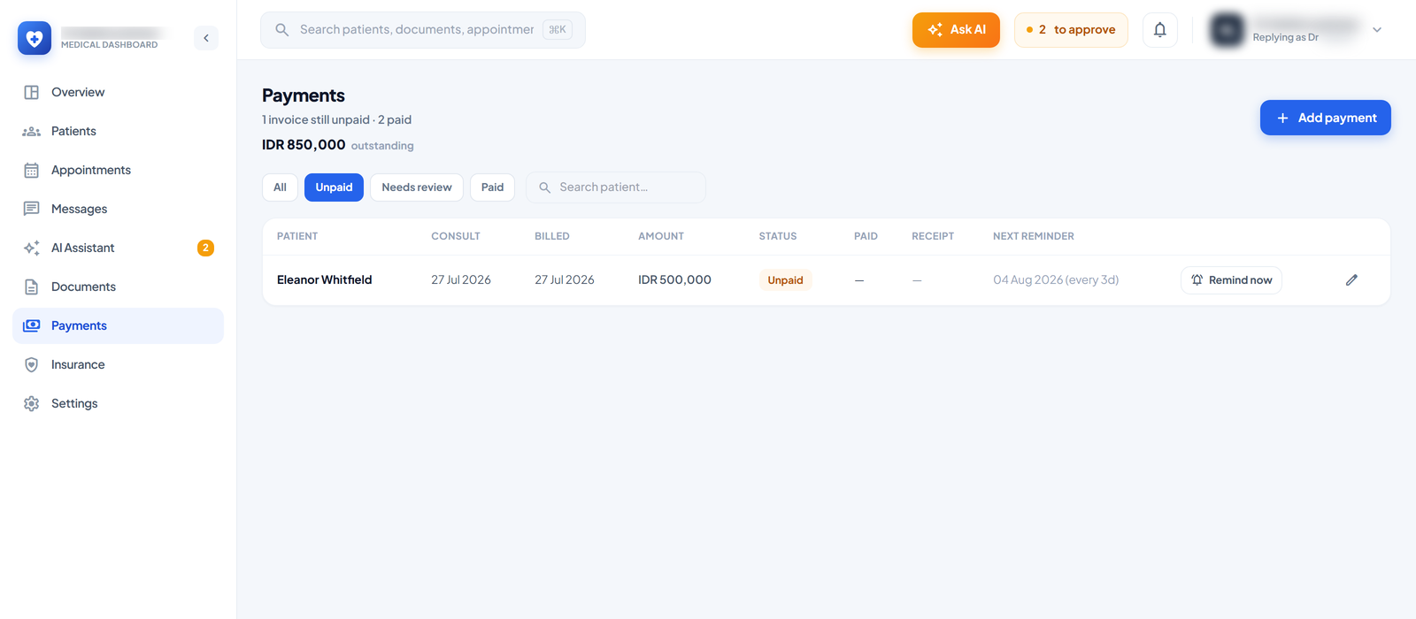 Chase what is unpaid — Filter to the ones still owing and send a reminder now instead of waiting for the nightly sweep. The server refuses to chase a bill that is already settled, or one with no number on it.